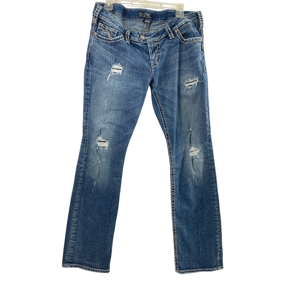 Silver Jeans Women 34 x 33 Tuesday Baby Boot Distressed Destroyed Denim Low Rise